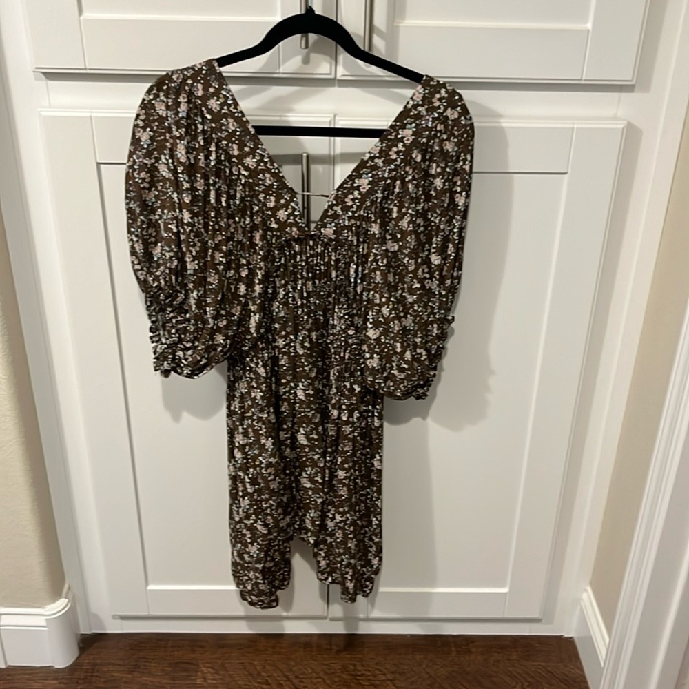 Brown Floral Mini Dress, Large